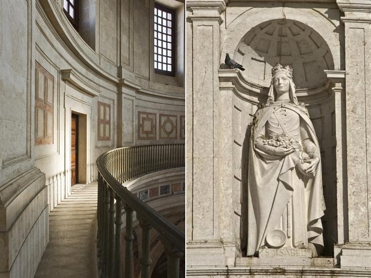 À esquerda, detalhe interior do Panteão. À direita, estátua de Santa Isabel.